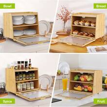 Bamboo Bread Box For Kitchen Counter, Double Layer Large Capacity Bread Storage Container Farmhouse Bread Box With Window, Black - 天然竹色 - 查看 3