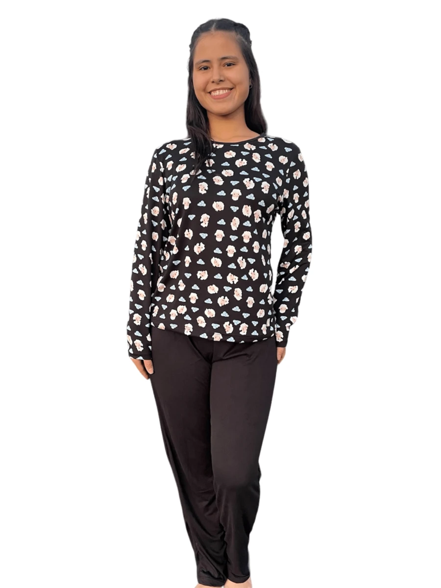 Suede Pajamas Long Winter Cold Women's Pajamas Long Sleeve Warm - màu đen - Xem 1
