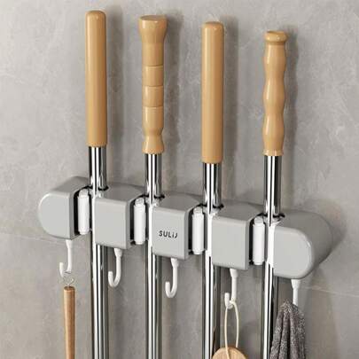 1pc ABS Mop Organizer Holder, Strong Sticky Multifunctional Mop And Broom Storage Hooks - Wall Mounted Punch-Free Adhesive Holder With Easy Installation, Household Cleaning Tool Rack Organizer, Bathroom Kitchen Garden Toilet Multifunctional Tool Storage Clip, Cleaning Accessories, Household Gadgets,Bag,Organizer,Storage,Kitchen