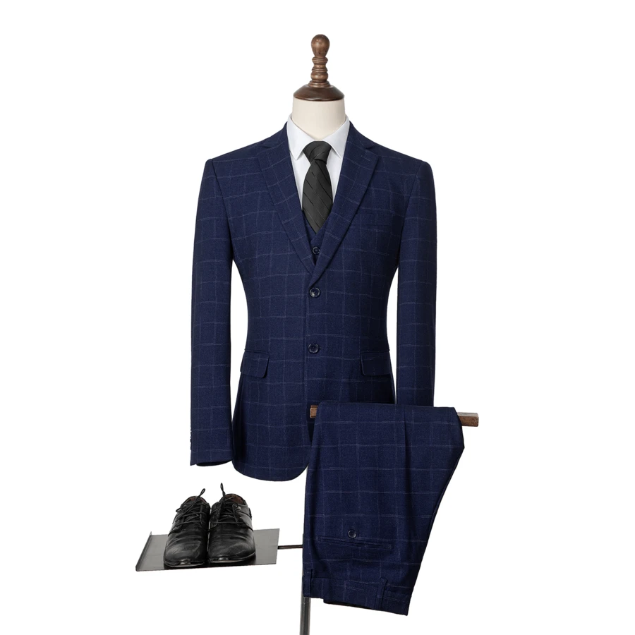 Mens Checked Suits Slim Fit 3 Piece,Jacket,Vest And Pant,Vintage Fashion Appropriate For Wedding - 8X0747Royal Blue - View 1