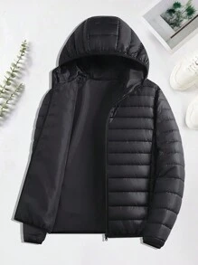 Men's Long Sleeve Casual Everyday Zip-Up Hooded Padded Coat, Winter, For Fall - Black - View 1