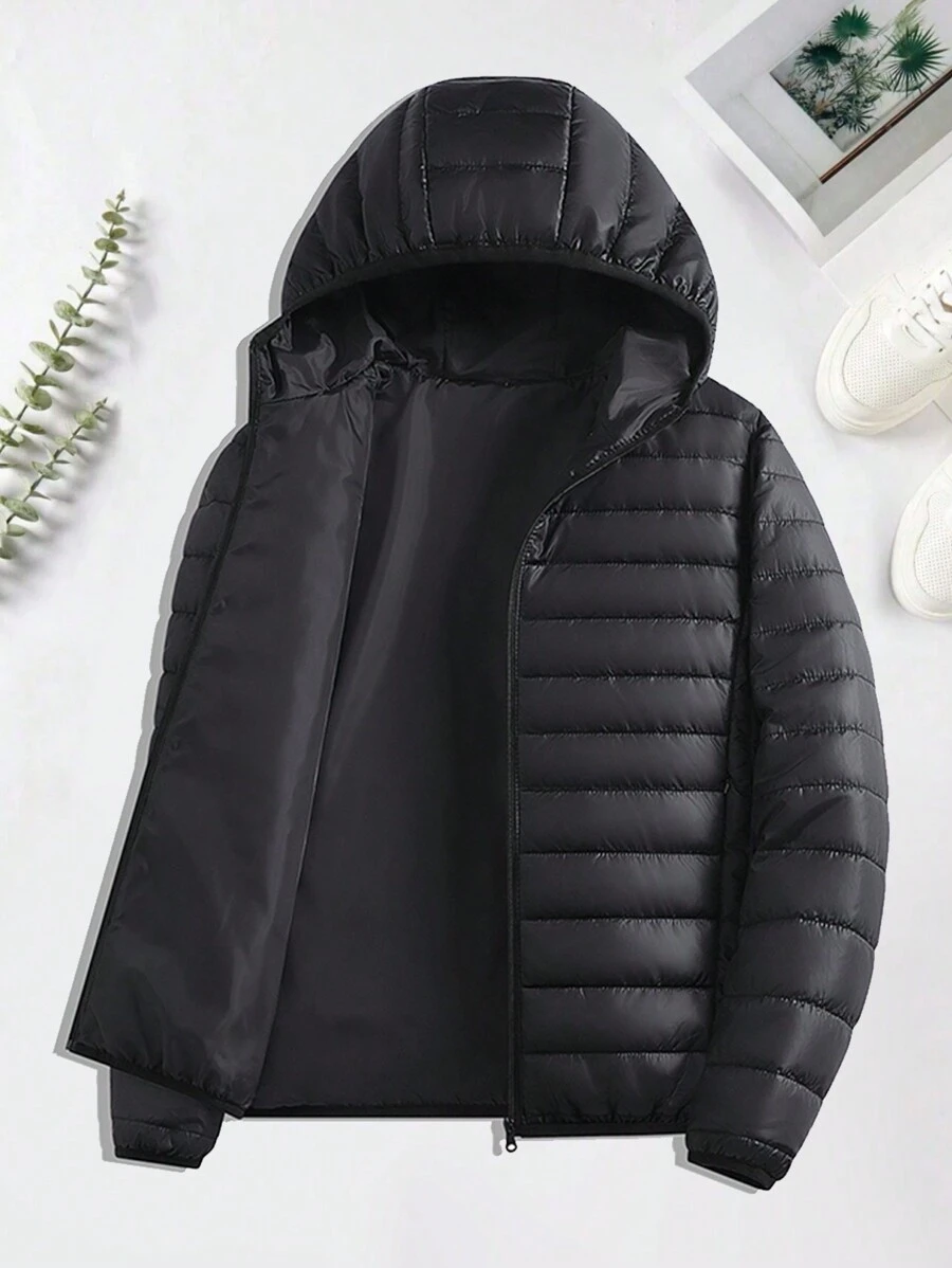 Men's Long Sleeve Casual Everyday Zip-Up Hooded Padded Coat, Winter, For Fall - Black - View 1