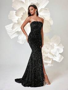 亮片星空优雅精致吊带晚礼服，女士黑色正式舞会礼服，适合婚礼嘉宾、毕业典礼、晚宴 - 黑色 - 查看 6