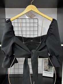 Tailored Cropped Top With Padded Cups And Princess Sleeves - Black - View 4