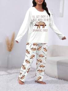 Áo dài tay và quần dài in họa tiết chữ và con lười cỡ lớn cho nữ, Bộ đồ ngủ thoải mái - trắng - Xem 4