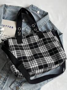 复古格纹大容量手提包，热辣女孩酷朋克 Y2K 单肩包，女士铆钉装饰斜挎包和手提包，多功能多口袋纯色户外旅行挎包，休闲日常通勤购物斜挎包 - 彩色 - 查看 6