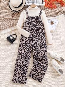 Tween Girl Solid Ribbed Turtleneck Long Sleeve Top + Leopard Print Overall Pants 2pcs Set - Apricot - View 1