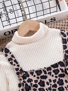 Tween Girl Solid Ribbed Turtleneck Long Sleeve Top + Leopard Print Overall Pants 2pcs Set - Apricot - View 3