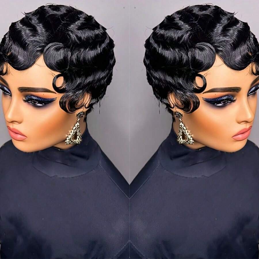 Retro Finger Wave Wigs 4 Inch Short Curly Wig For Elegant Women Human Hair Black Color - SNatural - View 1