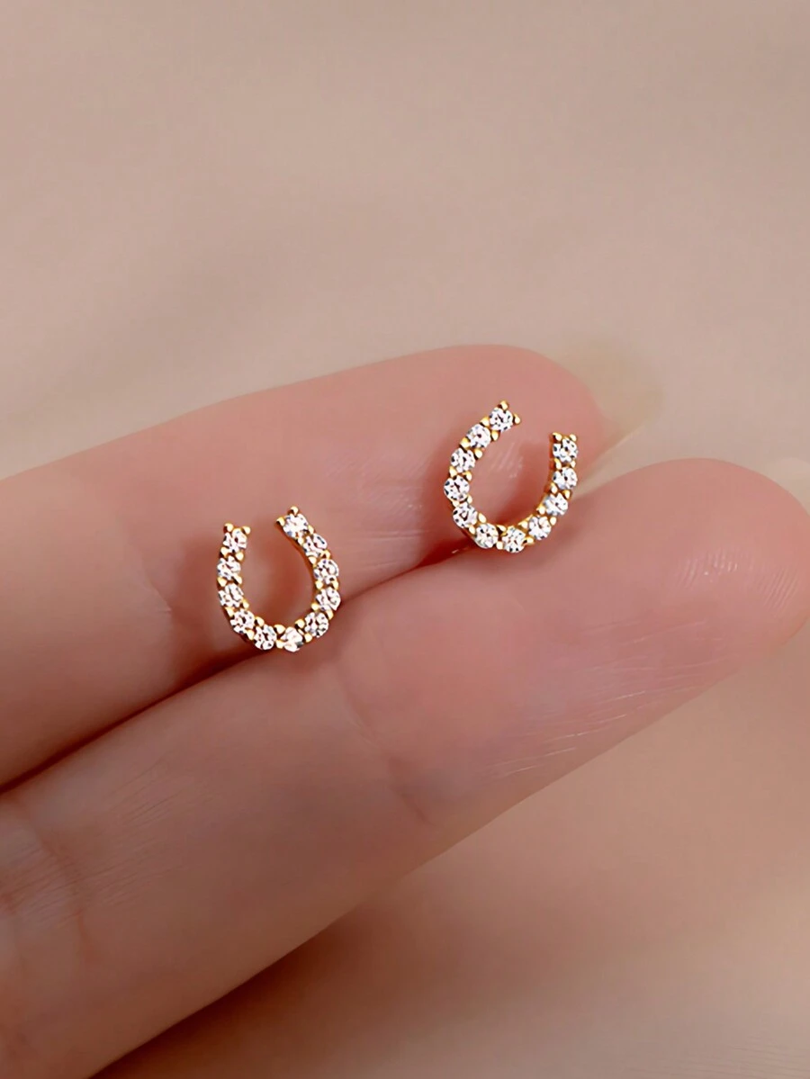 1 对时尚奢华 S925 纯银 14K 镀金密镶水晶马蹄形 U 形耳钉女士珠宝适合日常佩戴，也是精美礼品的首选 - 彩色 - 查看 1