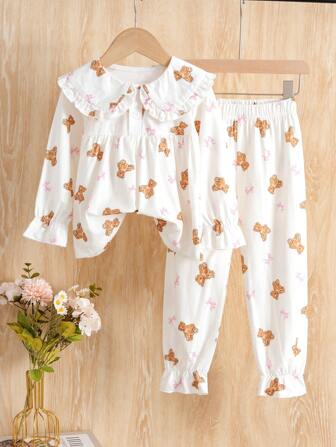 Young Girl' Comfortable & Cozy Bear Print Set, Made Of Soft Fabric Suitable For Autumn/Winter. The Top Features Large Collar And Ruffle Trim Decor With Cute Bear Prints, Adding Playful Charm; The Pants Have Elastic Waist For Easy Wear, Allowing Baby To Enjoy Comfort And Warmth.