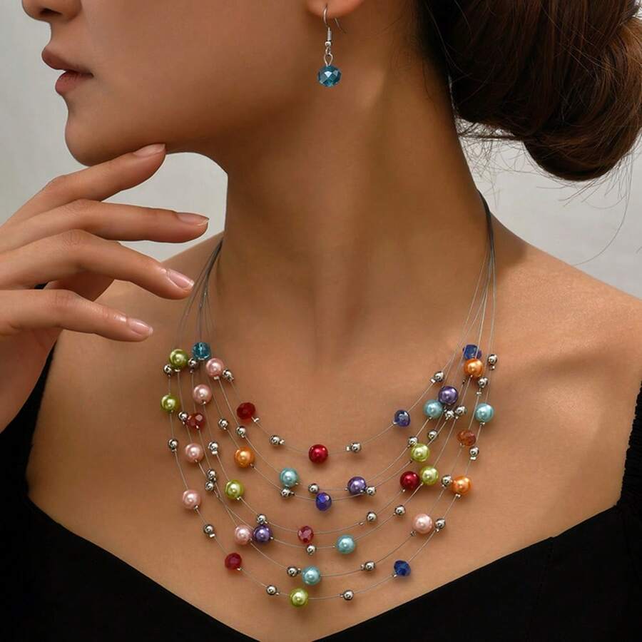 Bộ 3 bông tai hạt cườm nhiều màu thời trang nữ, vòng cổ và trang sức, quà tặng đám cưới, tiệc tùng, ngày lễ - Bộ trang sức - Xem 1