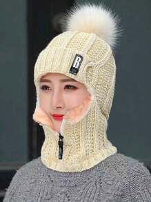 Neue Wolle gestrickte Mütze für Damen Herbst Winter warm dick Ohrenklappen Beanie Mütze, koreanischer Stil, thermisch gefüttert, Buchstaben- und Streifenmuster, Lässig, elegant, retro, Street-Style - Hut - Übersicht 12