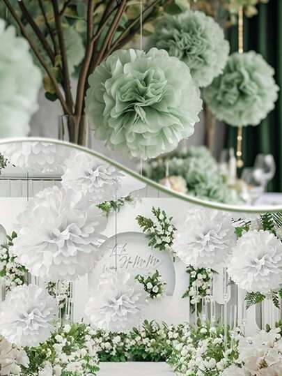 9pcs/18pcs White/Green/Pink/Burgundy/Light Blue/Navy Paper Flower Balls, Green Paper Flower Balls, Wedding Arch Decor Hanging Ornaments, Wedding Table Centerpiece Decorations, Ceiling Decor, Party Background Decorative Balls, Suitable For Wedding Venue Decor, Holiday Decor, Party Decorations