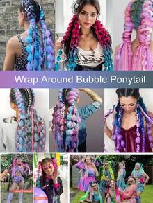 Extensiones de cabello con trenzas de colores con liga, piezas de cabello sintético trenzado de colores para accesorios de cabello trenzado, cabello ondulado postizo para mujeres y niñas para vestirse de fiesta, destacados - Multicolor - Ver 9