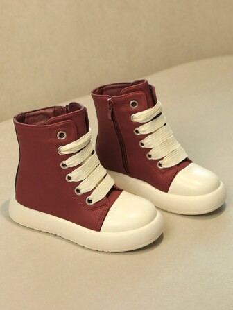 1双冬季酒红色儿童防滑高帮侧拉链结合鞋带设计鞋带可调节简约百搭公主风厚底儿童3-12岁高帮休闲鞋适合室内外日常穿着