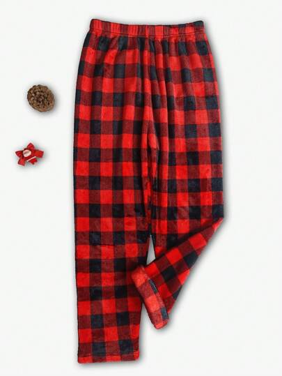 Winter Flannel Fluffy Pants, Plaid Long Pants Loungewear, Warm Home Pants, Christmas Plaid Coral Fleece Trousers, For Fall Winter