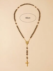 1pc 6mm Gold & Black Virgin Mary Stainless Steel Rosary Necklace, European & American Style Cross Pendant, Suitable For Couples Everyday Wear