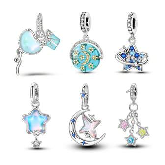 1pc 925 Sterling Silver Star Moon Charms Pendant Fit Original Bracelet Necklace DIY Romantic Meteor Design Women's Fine Jewelry Making Gift