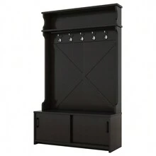 Hall Tree With Top Shelf And Storage Bench, Hallway Shoe Cabinet With Sliding Doors, Coat Rack With 5 Hanging Hooks For Entryways Hallways - 黑色 - 查看 3