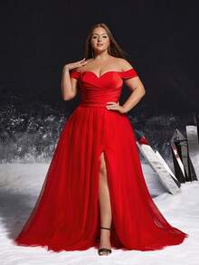 VIPGIRL Elegant Red Off-The-Shoulder Plus-Size High Slit A-Line Gown With Ruched Waist, Party Prom Dress For Women, Formal Evening Gown - Red - View 5