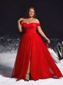 VIPGIRL Elegant Red Off-The-Shoulder Plus-Size High Slit A-Line Gown With Ruched Waist, Party Prom Dress For Women, Formal Evening Gown - Red - View 6