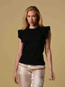 Women's Fashion T-Shirt Blouse With Ruffles On The Shoulders - 黑色 - 查看 1