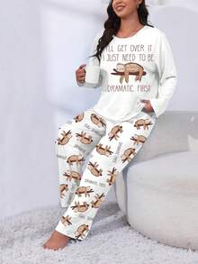 Áo dài tay và quần dài in họa tiết chữ và con lười cỡ lớn cho nữ, Bộ đồ ngủ thoải mái - trắng - Xem 2