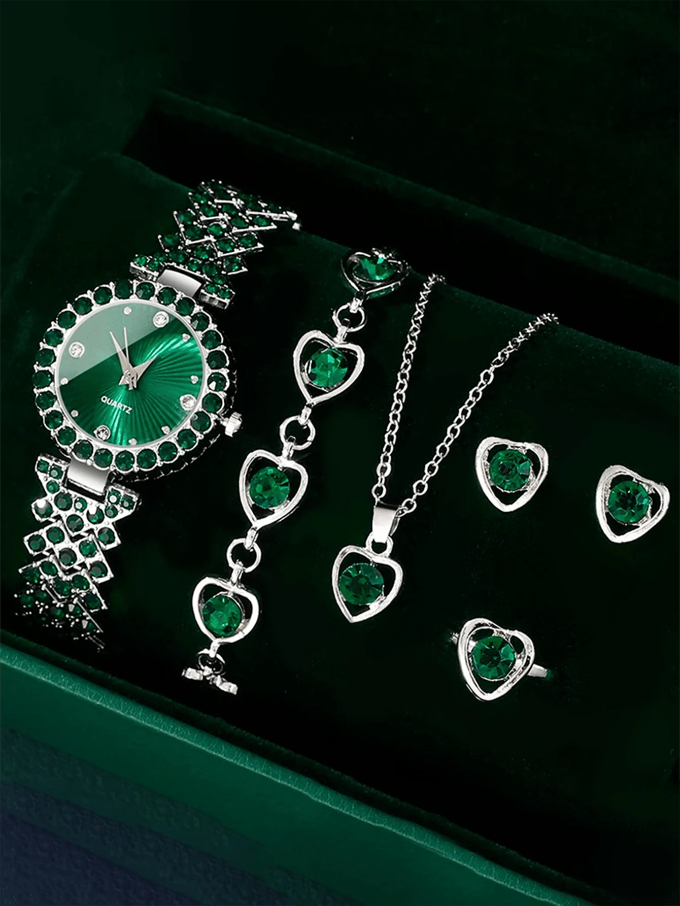 6pcs Women's Quartz Watch, Luxury & Fashion Cubic Zirconia Decorated Watch, Bracelet, Necklace, Earring & Ring Alloy Jewelry Set