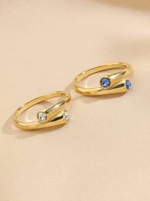 2 piezas Conjunto de anillos de acero inoxidable con acabado dorado lujoso, con zirconia rosa y azul incrustados, adecuado para uso diario de mujeres o como regalo - Amarillo Oro - Ver 2