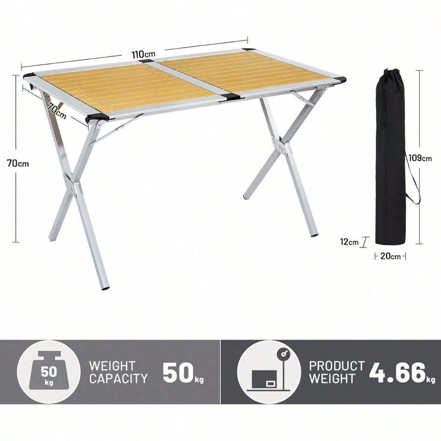 Camping Table With Slatted Top, 110x70cm Aluminium Roll Up Garden Table