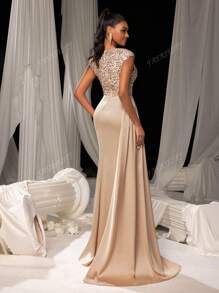 Faeriesty Vestido de noche con cuello redondo y abertura hasta el muslo alto, silueta de falda de sirena y panel lateral con flujo drapeado - Vestido de gala formal para alfombra roja, bodas de etiqueta negra, cenas de lujo, fiestas en salones de baile y atuendos para ceremonias de premiación
