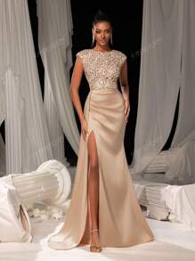 Faeriesty Vestido de noche con cuello redondo y abertura hasta el muslo alto, silueta de falda de sirena y panel lateral con flujo drapeado - Vestido de gala formal para alfombra roja, bodas de etiqueta negra, cenas de lujo, fiestas en salones de baile y atuendos para ceremonias de premiación
