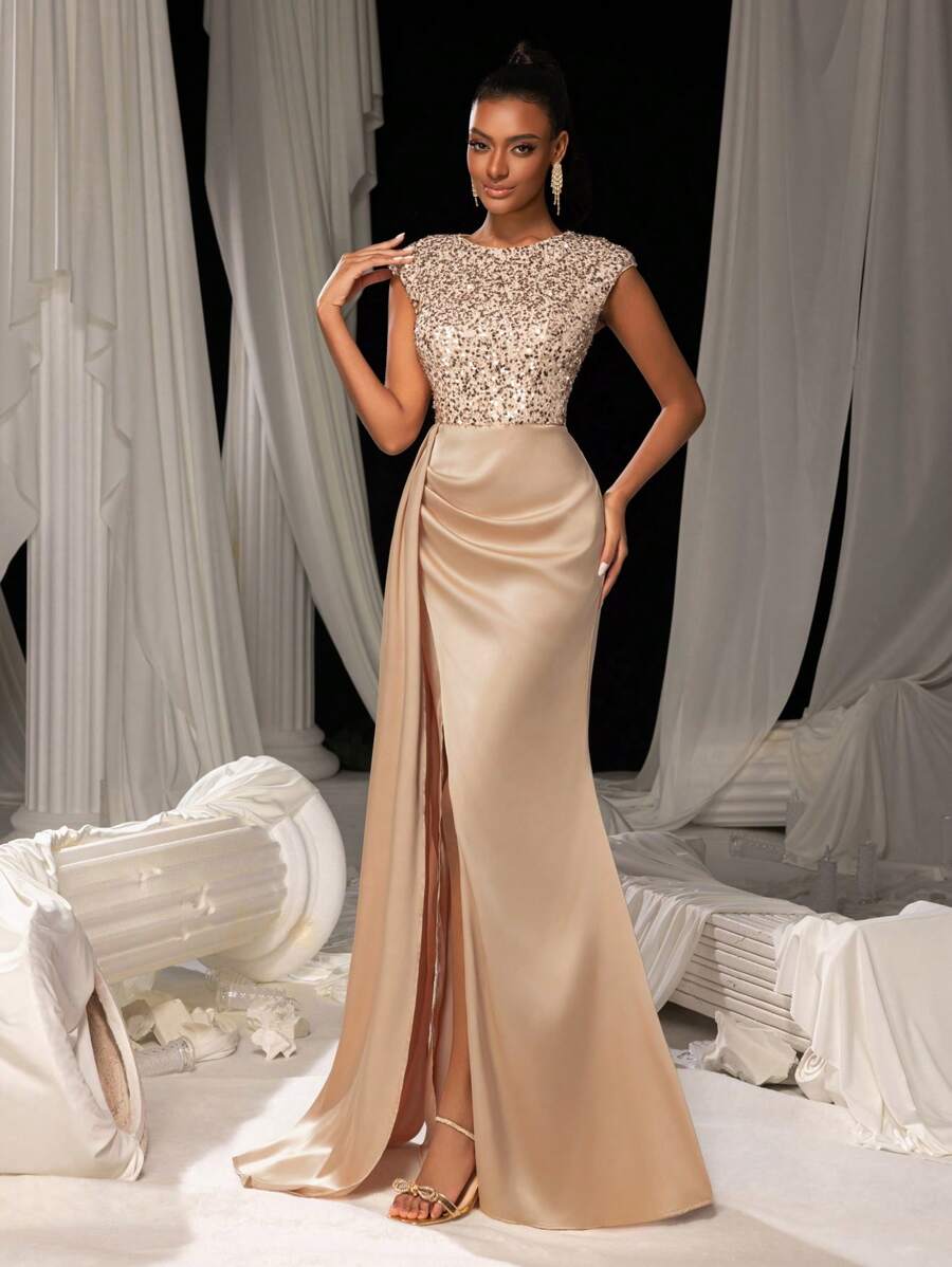 Đầm dạ hội ngắn tay thanh lịch đính sequin xẻ tà phía trước - Rượu sâm banh - Xem 1