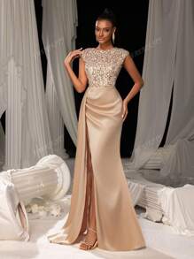 Faeriesty Vestido de noche con cuello redondo y abertura hasta el muslo alto, silueta de falda de sirena y panel lateral con flujo drapeado - Vestido de gala formal para alfombra roja, bodas de etiqueta negra, cenas de lujo, fiestas en salones de baile y atuendos para ceremonias de premiación