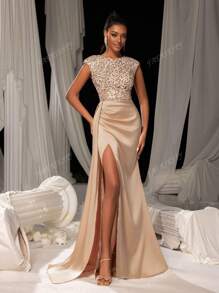 Faeriesty Vestido de noche con cuello redondo y abertura hasta el muslo alto, silueta de falda de sirena y panel lateral con flujo drapeado - Vestido de gala formal para alfombra roja, bodas de etiqueta negra, cenas de lujo, fiestas en salones de baile y atuendos para ceremonias de premiación