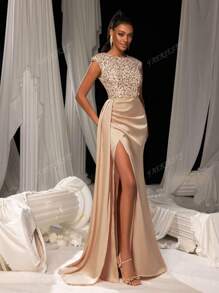 Faeriesty Vestido de noche con cuello redondo y abertura hasta el muslo alto, silueta de falda de sirena y panel lateral con flujo drapeado - Vestido de gala formal para alfombra roja, bodas de etiqueta negra, cenas de lujo, fiestas en salones de baile y atuendos para ceremonias de premiación