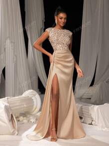 Faeriesty Vestido de noche con cuello redondo y abertura hasta el muslo alto, silueta de falda de sirena y panel lateral con flujo drapeado - Vestido de gala formal para alfombra roja, bodas de etiqueta negra, cenas de lujo, fiestas en salones de baile y atuendos para ceremonias de premiación