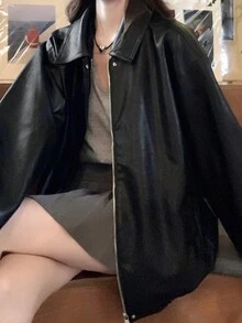 Chaqueta de material PU versátil con diseño de estilo coreano vintage, manga larga y cremallera delantera - Negro - Ver 5