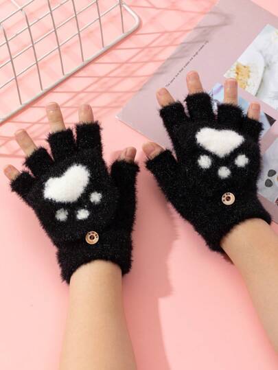 زوج واحد من القفازات اللطيفة بلا أصابع للأطفال الصغار، مناسبة للاستخدام في الخارج في فصلي الخريف والشتاء، بنمط القلب وبصمة القط