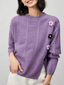 Women's Twisted Cable Knit 3D Flower Decora Going Out Tops, Fashionable Casual, Warm And Cozy, For Daily, Commuting, Home, Autumn Winter, Long Sleeve Tops,Vintage