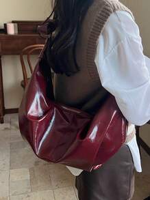 Geantă de umăr plisată din piele PU strălucitoare, vintage vișinie, uleiată, ceară, geantă crossbody casual versatilă pentru femei, capacitate mare, potrivită pentru naveta zilnică, întâlniri, cumpărături, în formă de semilună