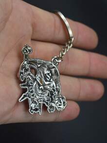 Six Pcs Halloween Gift Scary Demon Head Rose Flower Scepter Key Ring Chain Backpack Decor EDC Gift Retro Silver - Silver - View 5