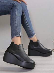 2024 新款厚底踝靴女式，粗跟短靴 - 黑色 - 查看 5