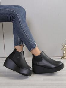 2024 新款厚底踝靴女式，粗跟短靴 - 黑色 - 查看 4