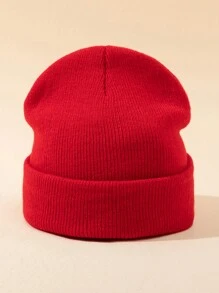 1pc Outdoor Warm Solid Color Knitted Beanie Hat, Suitable For Daily Wear Halloween Fall Outfit - Red - View 3
