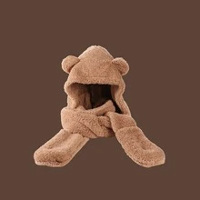 1 bộ mũ trùm đầu tai thỏ ấm áp kèm khăn quàng cổ và găng tay - Cà phê nâu - Xem 3