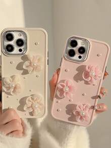 1 pièce Coque de téléphone avec fleur en dentelle de perles 3D, compatible avec les séries 16/15/14/13/12/11/XS Max/XS/XR - Rose bonbon - Voir 4