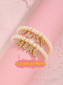 1 件个性化时尚可爱镀金定制名字仿珍珠链手链个性化英文名字字体定制，适合儿童、朋友、家人、生日派对珠宝，适合女孩的返校/毕业季礼物，甜美可爱的派对珠宝和生日礼物，适合男孩女孩的返校冬季礼物创意情人节 - 香檳色幸運草手鍊 - 查看 3