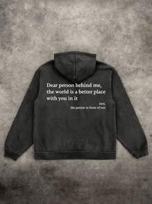 Men's Washed Vintage English Print Casual Hoodie - Black - View 1